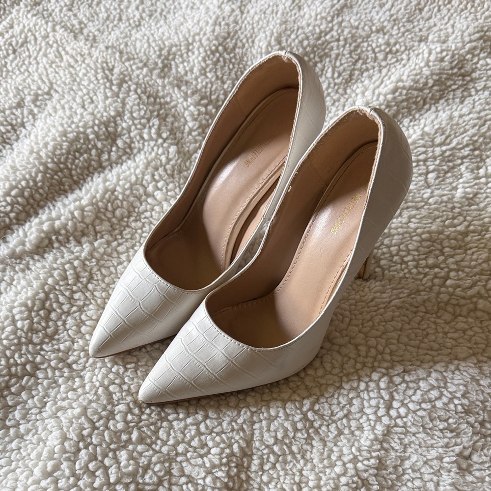 White Croc-Embossed Pointed-Toe Heels